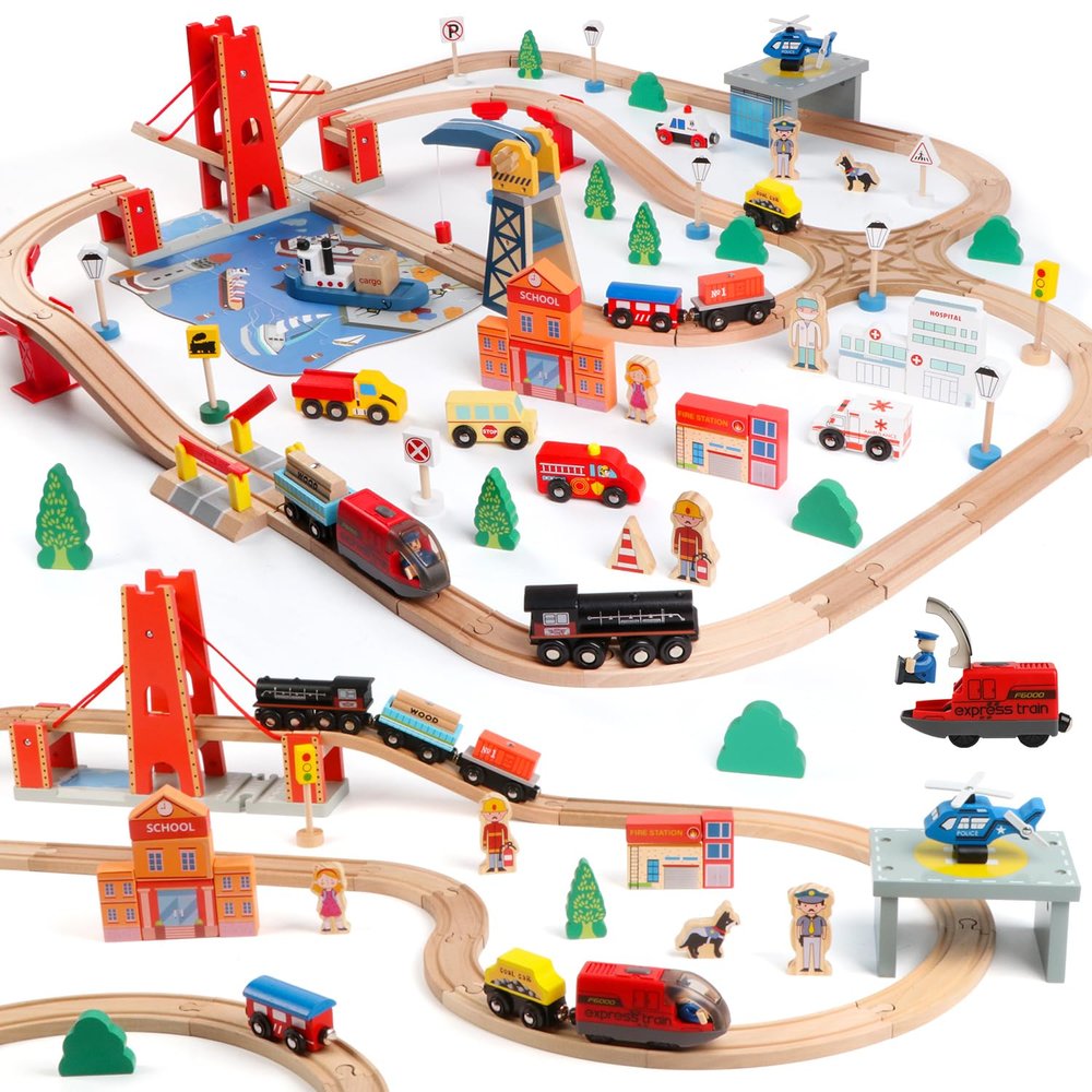 Qilay 121PCS Wooden Train Set with Storage Bag - Busy Port City Wooden Train Track Set Toy for Kids Ages 3+, Compatible with Major Brands, Great Birthday Railway Playset Gift for Boys & Girls