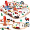 Qilay 121PCS Wooden Train Set with Storage Bag - Busy Port City Wooden Train Track Set Toy for Kids Ages 3+, Compatible with Major Brands, Great Birthday Railway Playset Gift for Boys & Girls view 1