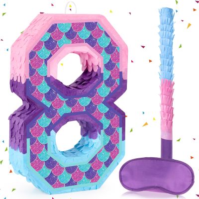 Lemicin Number 8 Pinata with Mermaid Pinata Stick Blindfold 8th Mermaid Birthday Party Decorations for Kids Girl Happy Birthday Ocean Theme Party Supplies (Small, 15.4 x 11 x 3 In)