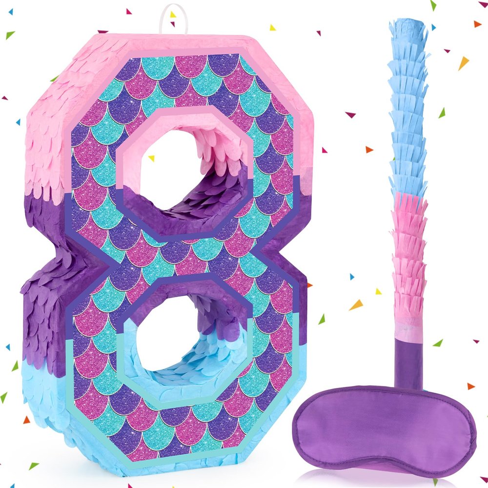 Lemicin Number 8 Pinata with Mermaid Pinata Stick Blindfold 8th Mermaid Birthday Party Decorations for Kids Girl Happy Birthday Ocean Theme Party Supplies (Small, 15.4 x 11 x 3 In)