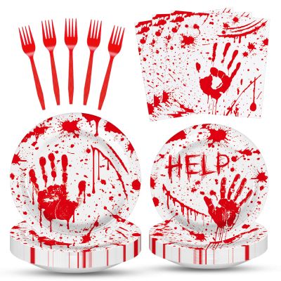 100 Pieces Halloween Bloody Handprint Tableware Set, Blood Splatter Plates, Napkins, and Red Plastic Forks for Halloween, Horror Birthday, Zombie Murder Mystery Dinner Party Supplies