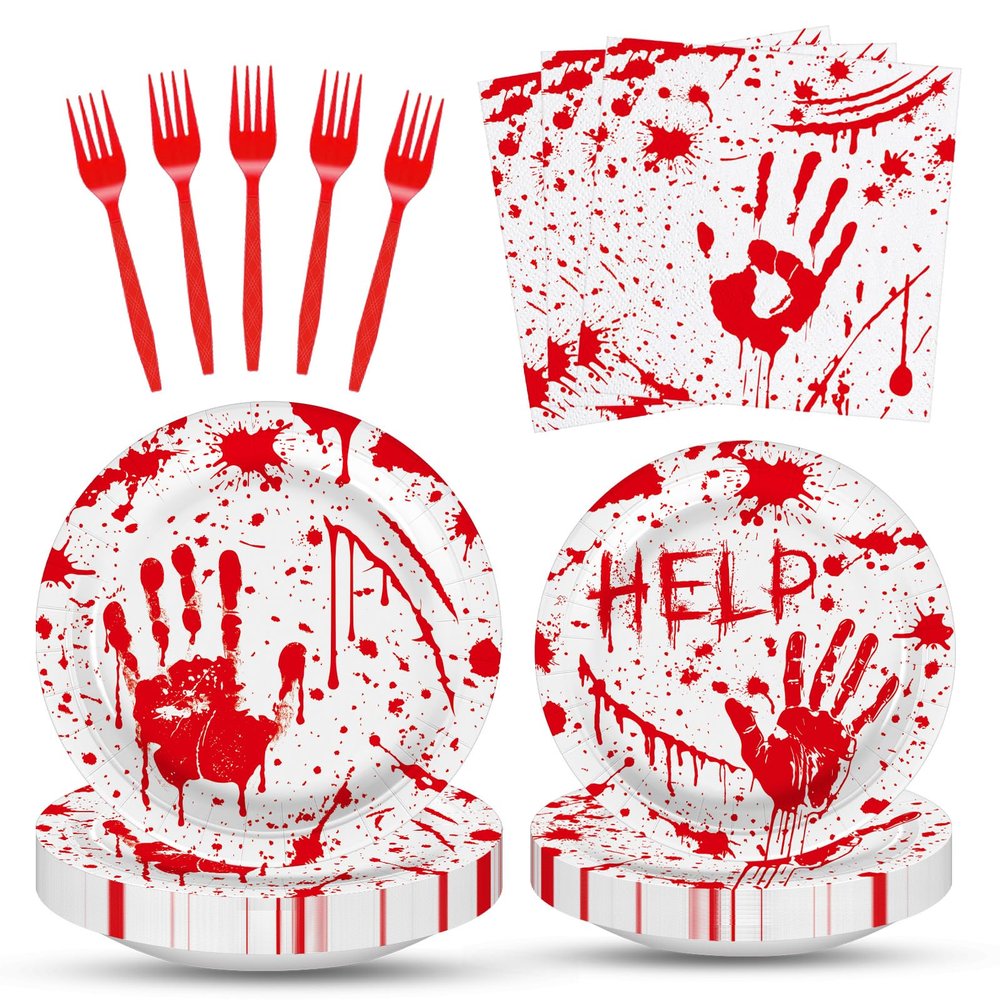 100 Pieces Halloween Bloody Handprint Tableware Set, Blood Splatter Plates, Napkins, and Red Plastic Forks for Halloween, Horror Birthday, Zombie Murder Mystery Dinner Party Supplies
