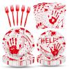 100 Pieces Halloween Bloody Handprint Tableware Set, Blood Splatter Plates, Napkins, and Red Plastic Forks for Halloween, Horror Birthday, Zombie Murder Mystery Dinner Party Supplies view 1