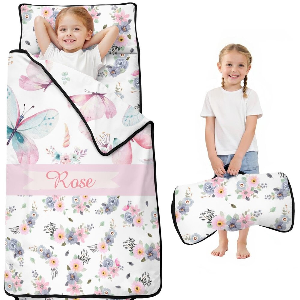 Personalized Toddler Nap Mat for Girls with Name Custom Butterfly Sleeping Bag with Blanket & Pillow, Soft Roll Up Nap Mat for Preschool, Daycare & Kindergarten