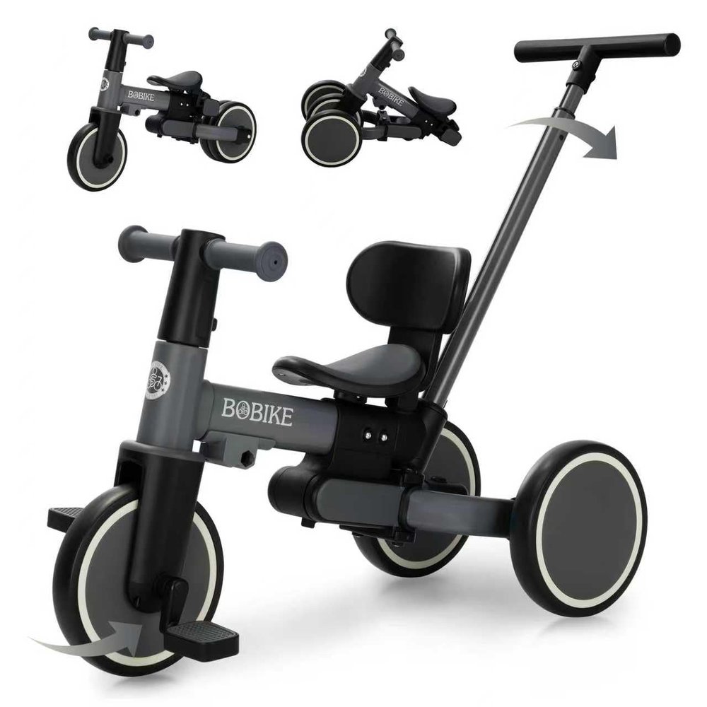 BoBike 5-in-1 Tricycle for Toddlers 18 Months to 5 Years, Kids Bike with Upgraded Pedals, Parent Push Handle, Balance Bike & Easy Assembly for Boys Girls (Grey)
