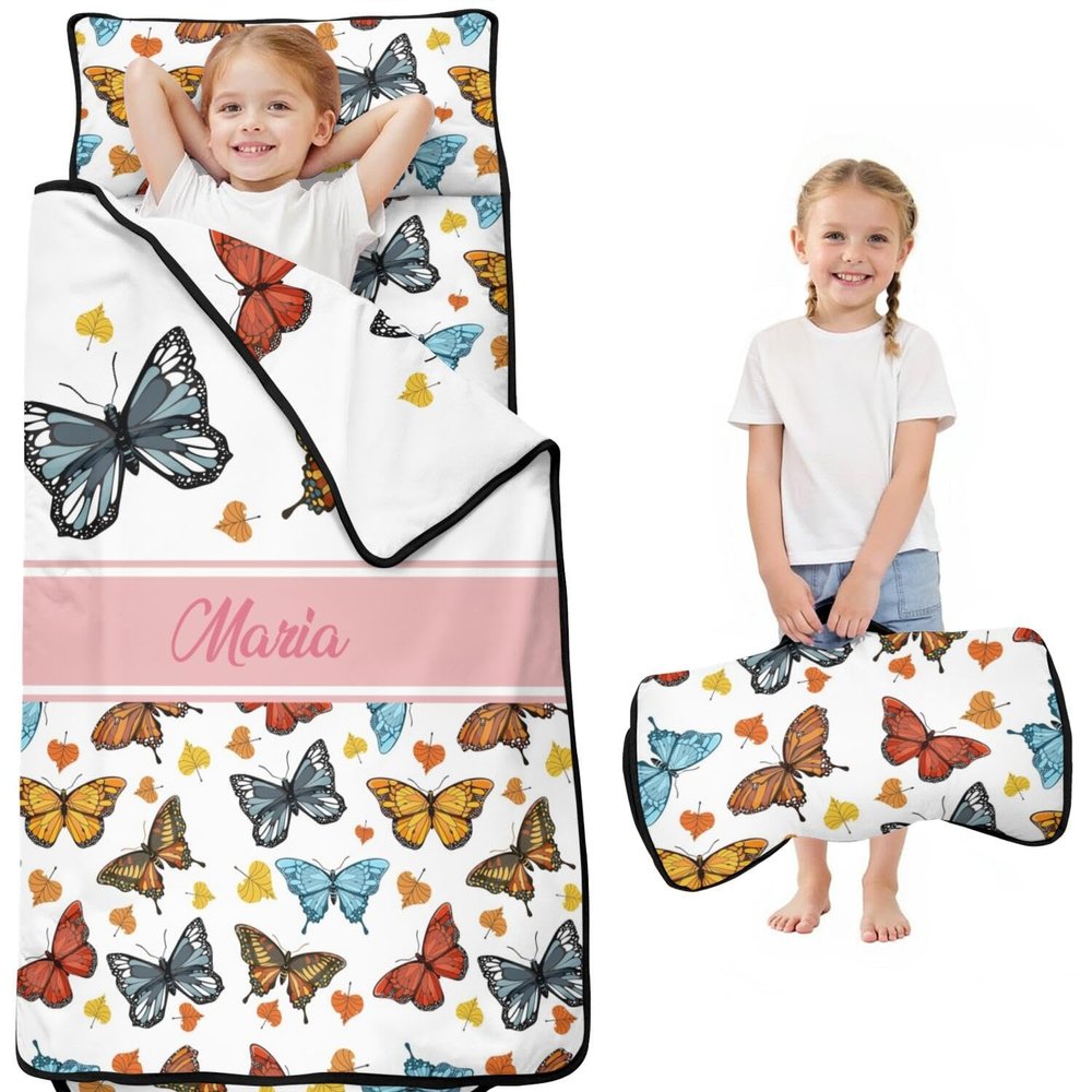 Personalized Toddler Nap Mat for Girls with Name Custom Butterfly Sleeping Bag with Blanket & Pillow, Soft Roll Up Nap Mat for Preschool, Daycare & Kindergarten