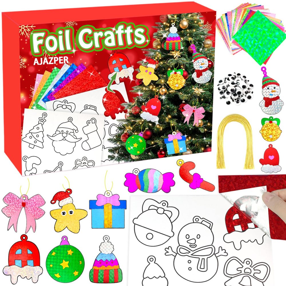 AJAZPER Christmas Foil Crafts for Kids, Christmas Crafts for Kids, DIY Art Craft Set, Creative Travel Activities, Kid Arts and Crafts Kits Gift for Girls and Boys Ages 4 5 6 7 8 9 10 Gifts Toys