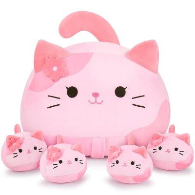 5 PCS Pink Sakura Cat Plush Stuffed Animal Family-19" Soft Pink Sakura Cat Plush, Large Mommy Plushies with 4 Baby Kittens Plushies, Kawaii Plush Toy Christmas Birthday Gifts for Kids Boys Girls