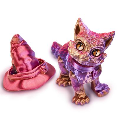 Aousin 3D Printed Cat with Witch Hat  Flexible Articulated 3D Printed Animals, Removable Hat, Perfect for Halloween Desk Decor or Gifts (Purple)