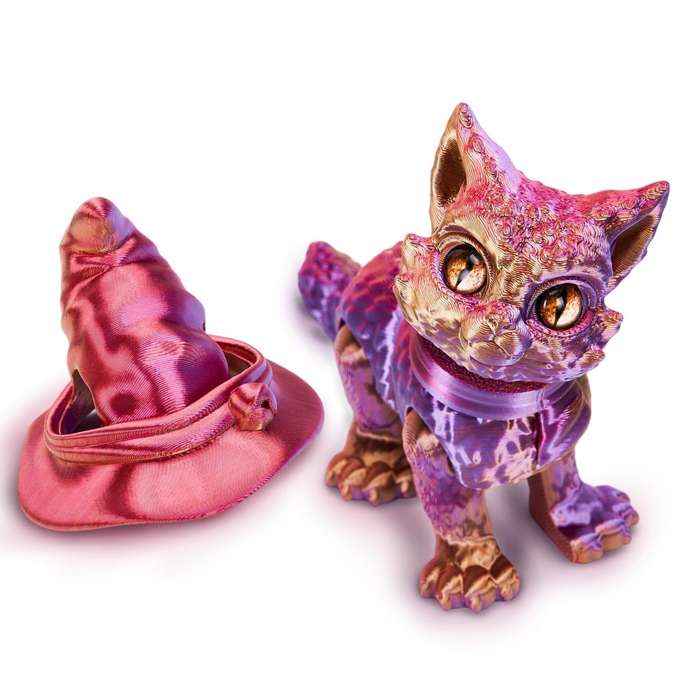 Aousin 3D Printed Cat with Witch Hat Flexible Articulated 3D Printed Animals, Removable Hat, Perfect for Halloween Desk Decor or Gifts (Purple)