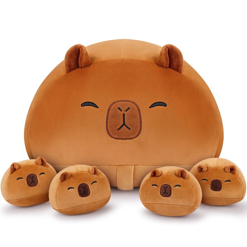 5 PCS Capybara Plush Stuffed Animal Family-19" Large Round Capybara Plush, Large Mommy Plushies with 4 Baby Plushie Toy for Kids, Kawaii Body Pillow Christmas Birthday Gifts for Kids Boys Girls