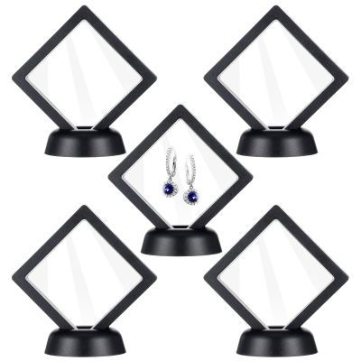 5 Pcs 3D Floating Frame with Stand, Challenge Coin Display Holder 2.75"x2.75" Small Shadow Box 3D Floating Clear Case Black Gift Packing Frame for Earrings Rings Necklace Bracelet Brooch Medallion