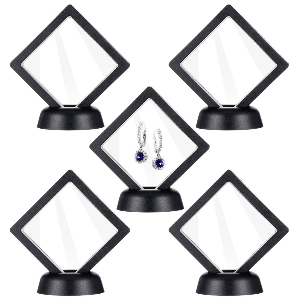 5 Pcs 3D Floating Frame with Stand, Challenge Coin Display Holder 2.75"x2.75" Small Shadow Box 3D Floating Clear Case Black Gift Packing Frame for Earrings Rings Necklace Bracelet Brooch Medallion