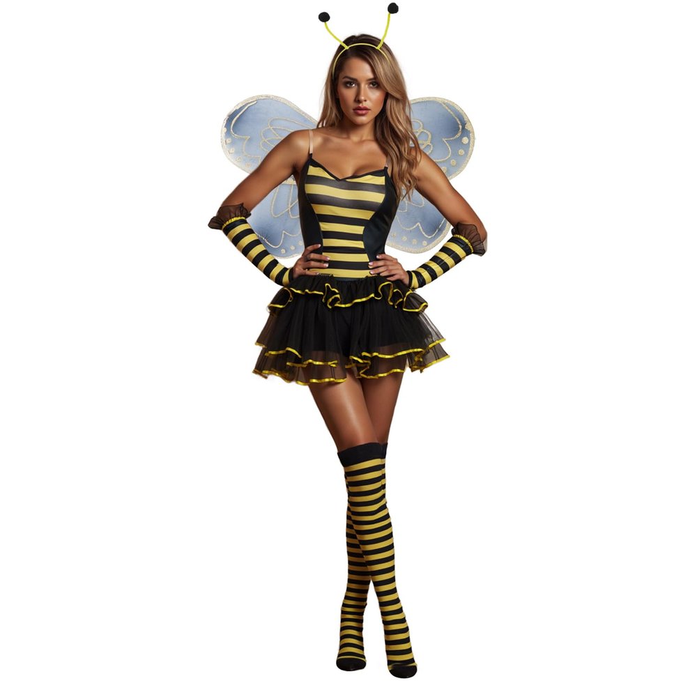 Prytgnsor Women Halloween Bee Costume Set Sleeveless Bumble Bee Cosplay Costume Theme Party Fancy Honeybee Queen Dress Set (Z-01, XL)