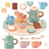 KDSFT Tea Party Set for Little Girls, Wooden Kids Tea Set with Teapot Cups Coasters Carrying Dessert, Picnic Outdoor Toys Pretend Play Kitchen Accessories for 3 4 5 Years Old view 1