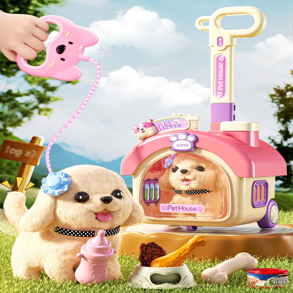 23Pcs Dog Toys for Kids Girls, Walking Barking Interactive Realistic Stuffed Dog with Portable Puppy Stroller & Accessories Toys, Pretend Puppy Pet Care Playset Gifts for Little Girls 3 4 5 6 Year Old