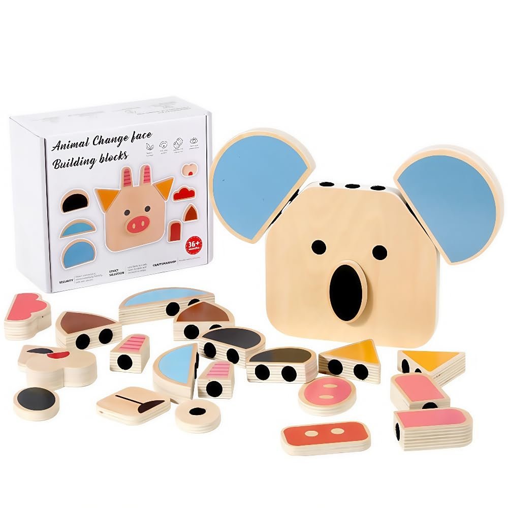 Wooden Montessori Animal Magic Face-Sticking Puzzles, Early Education Cognitive Building Block Board, Preschool Education Children's Toy, for Boys and Girls Aged 3-8
