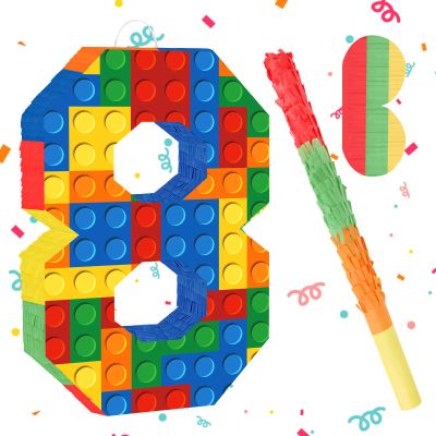 Lemicin Number 8 Pinata Building Blocks 8th Birthday Party Decorations with Pinata Stick Blindfold for Kids Happy Birthday Building Block Theme Party Supplies (Small, 16 x 10.6 x 3 In)