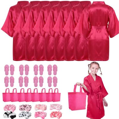 32-Piece Kids Spa Party Supplies With 8 Kimono Robes, 8 Slippers, 8 Headbands, And 8 Tote Bags For Pedicures And Sleepover Fun