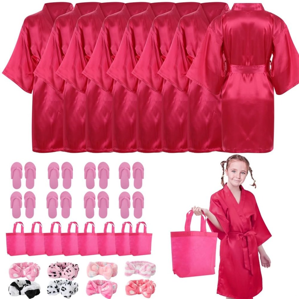 32-Piece Kids Spa Party Supplies With 8 Kimono Robes, 8 Slippers, 8 Headbands, And 8 Tote Bags For Pedicures And Sleepover Fun
