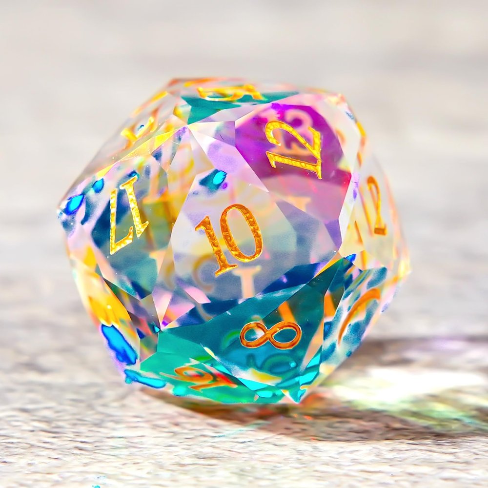 1PCS Multifaceted Glass D20 DND Dice - 28mm 20 Sided Gem D&D Dice for Dungeons and Dragons, RPG, Roleplaying Games MTG Table Games, Handmade Polyhedral Dice(Glass Rainbow)