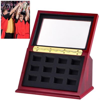 12-Slot Wooden Case For Championship Rings, Jewelry Holder With Clear Window, Sturdy Sports Rings Display Box, Organizer Tray For Collectibles