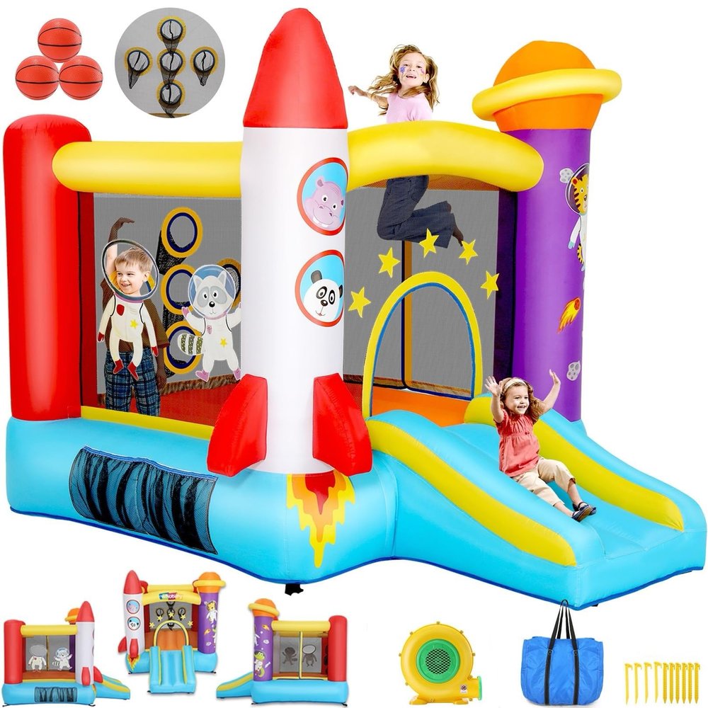 Whubefy 106x81x79in Inflatable Bounce House for Kids 3-6, Space Adventure Astronaut Role-Play Castle with Slide, Safety Netting, Puncture-Resistant Oxford Cloth, Easy Setup for Indoor/Outdoor Fun