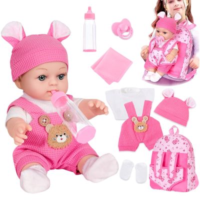 12" Baby Doll With Bear Pattern Backpack Carrier In Gift Box,12 Inch Realistic Baby Dolls With Clothes And Accessories Hanky Pacifier Bottle Pretend Baby Care Toy Collection For Child Toddler 3+ Gifts