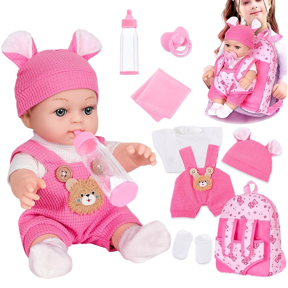 12" Baby Doll With Bear Pattern Backpack Carrier In Gift Box,12 Inch Realistic Baby Dolls With Clothes And Accessories Hanky Pacifier Bottle Pretend Baby Care Toy Collection For Child Toddler 3+ Gifts
