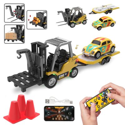 seveclotree 1/64 RC Forklift Toy,Toys for 6 7 8 9 Year Old Kids Boys,2 in 1 Transformable Lift Fork & Hook with Lights & Sounds,Remote Control Car with Trailer,RC Construction Toys Kids Gifts