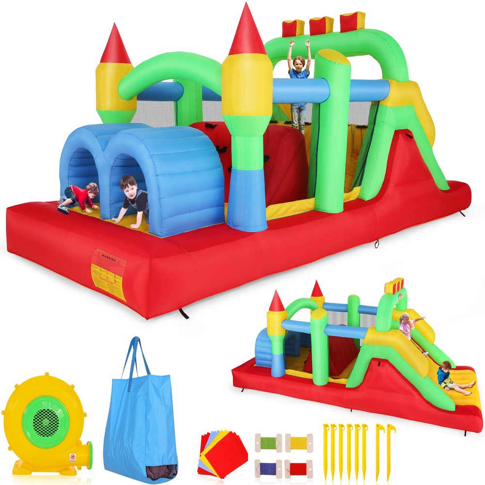18 x 8.2 x 7.2FT Inflatable Obstacle Course Bounce House for Kids 3-12 with Blower, Large Blow up Bouncer Castle w/Dual Tunnels, Wide Slide, Climbing Wall, Obstacles and Jumping Area for Party Event