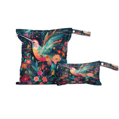 DJYQBFA 2-Pack Waterproof Wet Dry Bags for Swimsuits & Travel - Large & Small Sizes with Snap Handles, Lightweight Colorful Hummingbird Floral Print Polyester Bags (11.8"x13.5" + 8.7"x5.1")