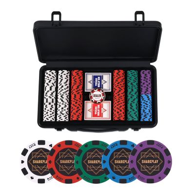 sharkplay 14g Clay Poker Chips Set for Texas Hold'em, 300 PCS Casino Blank Chips with High-end Carrying Case & Dealer Button