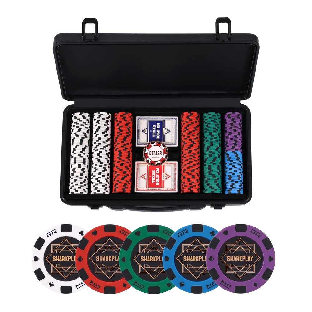 sharkplay 14g Clay Poker Chips Set for Texas Hold'em, 300 PCS Casino Blank Chips with High-end Carrying Case & Dealer Button