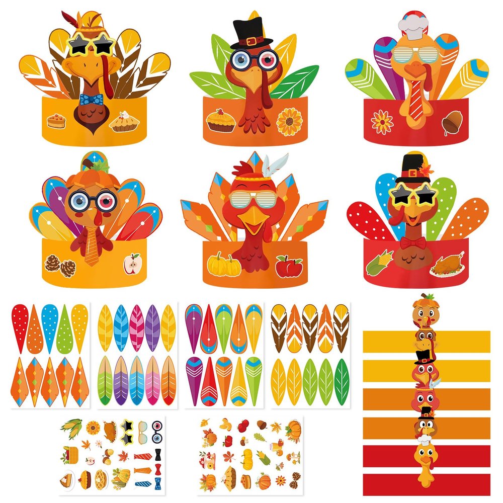 Abilat 12 Pack Thanksgiving Turkey Hats Crafts for Kids DIY Turkey Headband Party Crown Craft Kits Thanksgiving Activities for Kid Holiday Party Favors School Home Activity
