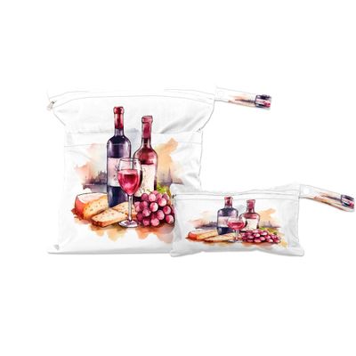 DJYQBFA 2-Pack Waterproof Wet Dry Bags for Swimsuits & Travel - Large & Small Sizes with Snap Handles, Lightweight Watercolor Red Wine Print Polyester Bags (11.8"x13.5" + 8.7"x5.1")