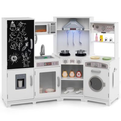 Costzon Corner Play Kitchen w/Lights, Sounds, Large Pretend Play Kitchen Set w/Blackboard, Microwave, Cooking Accessories, Wooden Montessori Sensory Toy for Kids 3+ Years Old (White)