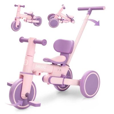 Bobike 5-in-1 Tricycle for Toddlers 18 Months to 5 Years Old, Kids Tricycle with Push Handle and Backrest, Toddler Balance Bike with Easy Assembly for Boys and Girls (Purple)