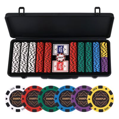sharkplay 14g Clay Poker Chips Set for Texas Hold'em, 500 PCS Casino Blank Chips with High-end Carrying Case & Dealer Button