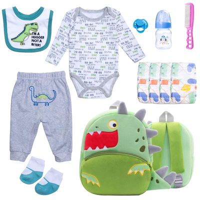 12 Pcs Reborn Baby Doll Clothes Set for 17-22 Inch Babydolls, Dinosaur Reborn Baby Doll Accessories and Clothes with Plush-Finish Backpack, Dinosaur Trousers, and Bib for Realistic Babydolls, Green