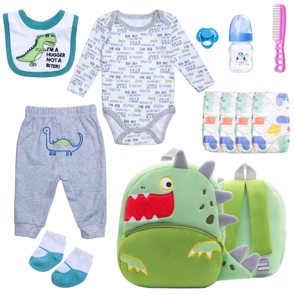 12 Pcs Reborn Baby Doll Clothes Set for 17-22 Inch Babydolls, Dinosaur Reborn Baby Doll Accessories and Clothes with Plush-Finish Backpack, Dinosaur Trousers, and Bib for Realistic Babydolls, Green