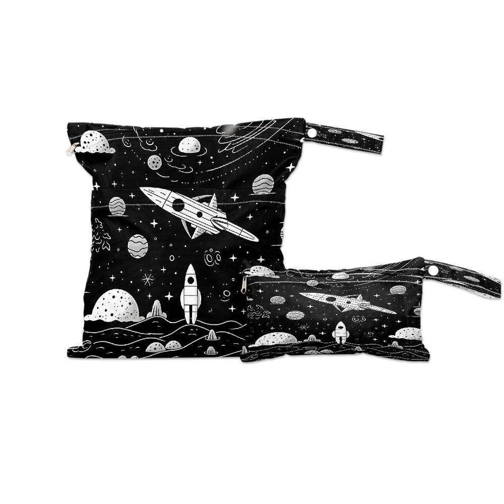 DJYQBFA 2-Pack Waterproof Wet Dry Bags for Swimsuits & Travel - Large & Small Sizes with Snap Handles, Lightweight Cartoon Planet Rocket Print Polyester Bags (11.8"x13.5" + 8.7"x5.1")