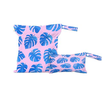 DJYQBFA 2-Pack Waterproof Wet Dry Bags for Swimsuits & Travel - Large & Small Sizes with Snap Handles, Lightweight Blue Monstera Leaves Pink Print Polyester Bags (11.8"x13.5" + 8.7"x5.1")