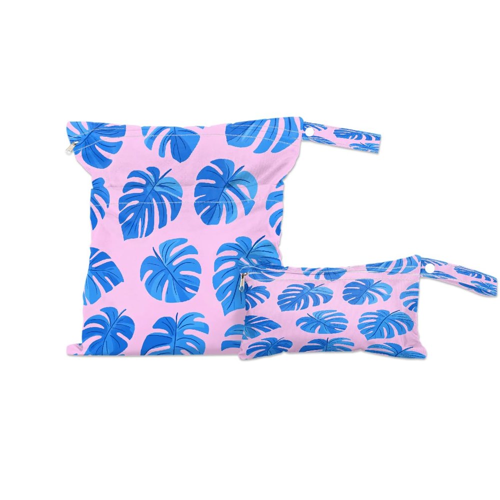 DJYQBFA 2-Pack Waterproof Wet Dry Bags for Swimsuits & Travel - Large & Small Sizes with Snap Handles, Lightweight Blue Monstera Leaves Pink Print Polyester Bags (11.8"x13.5" + 8.7"x5.1")