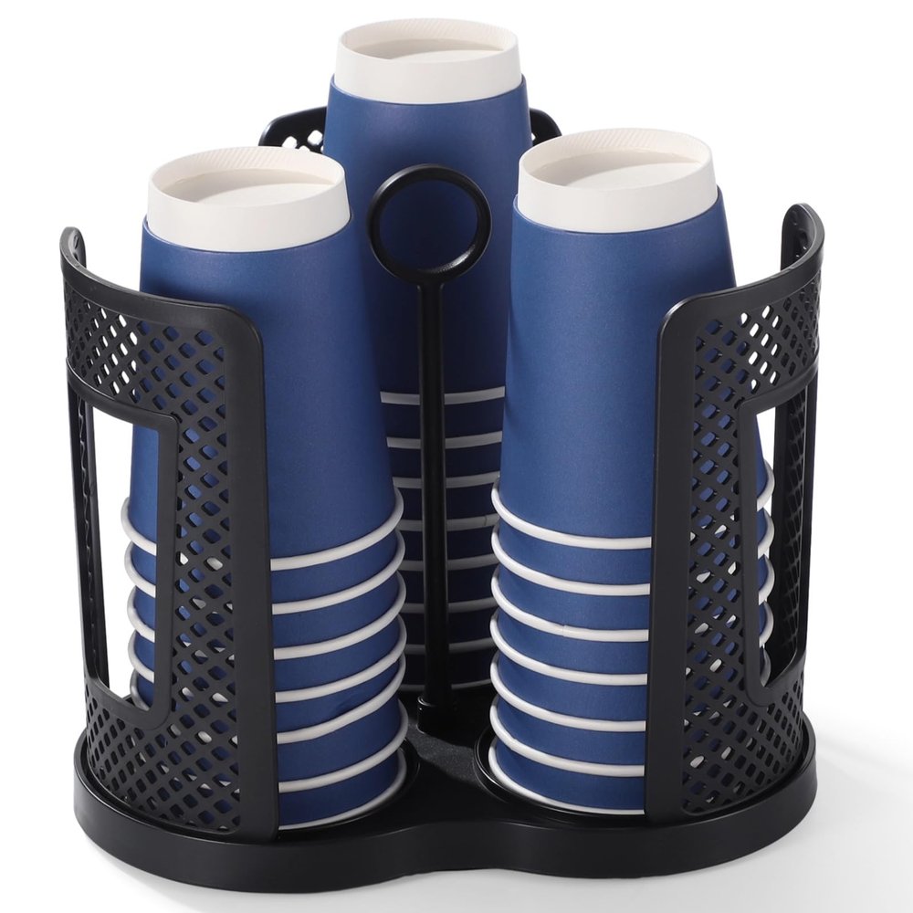 3-Tier Cup Holder Rack with 360 Swivel Base, Black Abs Organizer for Disposable Cups, Airflow Holes and Compact Design for Home & Work