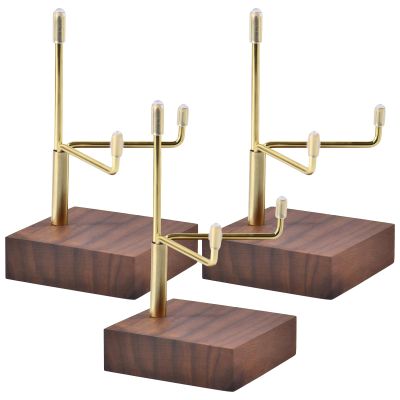 byepica 3-Piece Adjustable Display Stands with Golden Metal Arms & Wooden Base for Plates, Artwork, and Collectibles