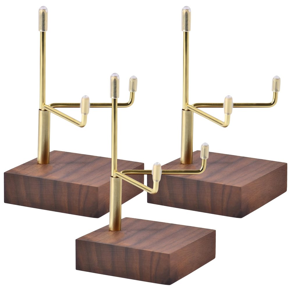 byepica 3-Piece Adjustable Display Stands with Golden Metal Arms & Wooden Base for Plates, Artwork, and Collectibles