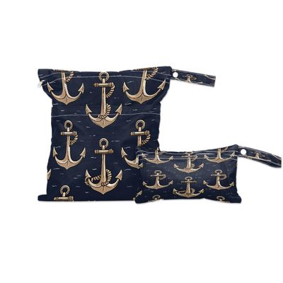 DJYQBFA 2-Pack Waterproof Wet Dry Bags for Swimsuits & Travel - Large & Small Sizes with Snap Handles, Lightweight Nautical Anchor Pattern Print Polyester Bags (11.8"x13.5" + 8.7"x5.1")