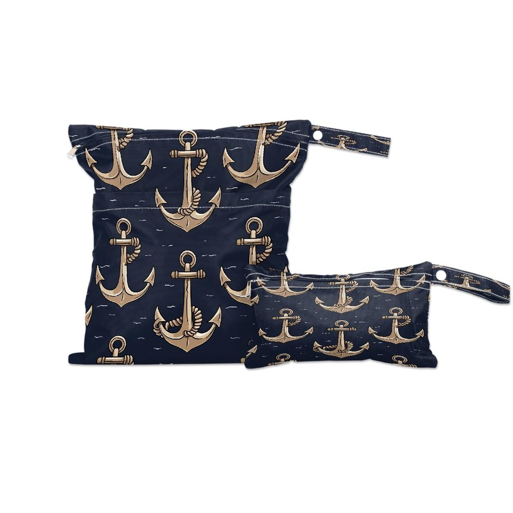 DJYQBFA 2-Pack Waterproof Wet Dry Bags for Swimsuits & Travel - Large & Small Sizes with Snap Handles, Lightweight Nautical Anchor Pattern Print Polyester Bags (11.8"x13.5" + 8.7"x5.1")