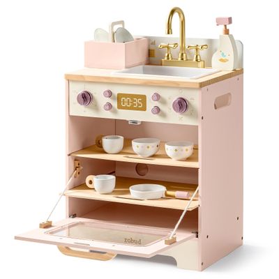 ROBUD Wooden Dishwasher Playset, Play Kitchen Set, Toy Dishwasher for Kids, Pretend Toddlers Kitchen Toy with Storage Baskets, Plates, Bowls and Detergent, Gift for Boys & Girls, Age 3+ (Pink)
